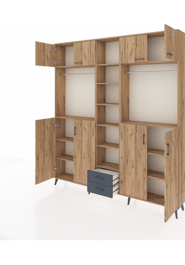 Arges Dolap 14 Raflı 2 Çekmeceli 2 Askılı 220x30x243 Çam-çam/antrasit Atlas Çam/antrasıt