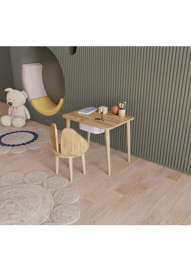 Fahrettin Küçük Montessori Çocuk Masası Oyun Masası Aktivite Masası Çalışma Masası Çekmeceli Sandalyeli Açık Çam