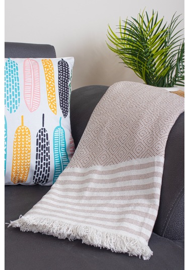 Pamuklu Püsküllü Elmas Desenli Koltuk Örtüsü 170x210 Cm Dekoratif Kanepe, Yatak Ve Tv Örtüsü Bej