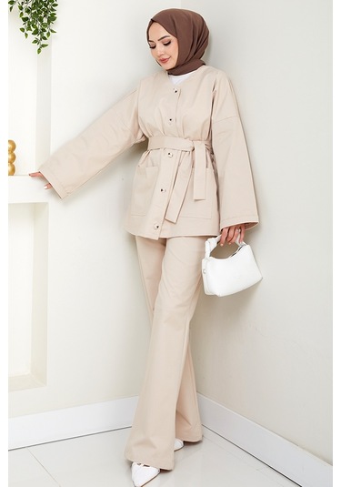 Kemerli Ceket Pantolon Gabardin Takım 1557 - Bej Bej
