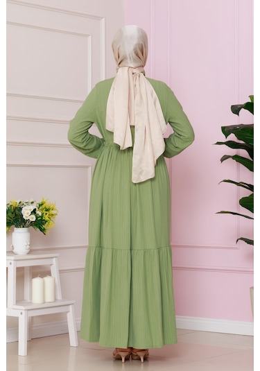 Gömlek Yaka Beli Tünelli Sare Elbise-fıstık Yeşili-4740 Fıstık Yeşili