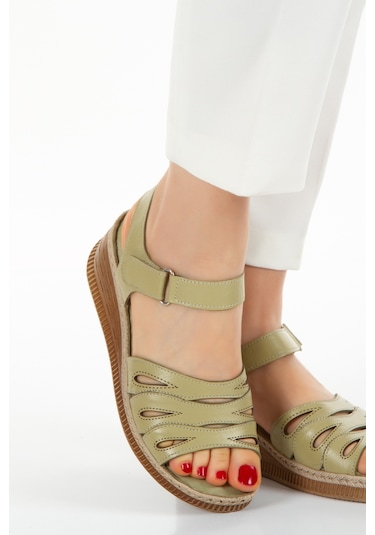 Hakiki Deri Dolgu Taban Ortopedik Taban Kadın Sandalet Haki