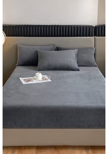 Kadife Kumaş Fitted Lastikli Çarşaf Takımı 160x200+30 Cm Antrasit