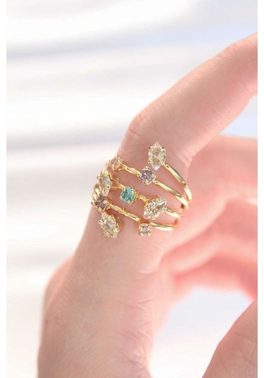 Ezoconcept Renkli Zirkon Taşlı Gold Renk Ayarlanabilir Yüzük
