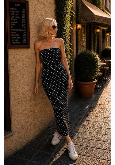 Monaco Dot Sraplez Siluet Elbise Denim Kumaş Midi Boy Lacivert
