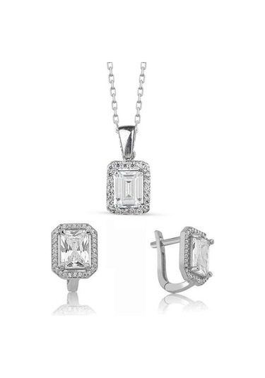 Gümüş Baget Taşlı Kolye J Küpe Ikili Set Wss14