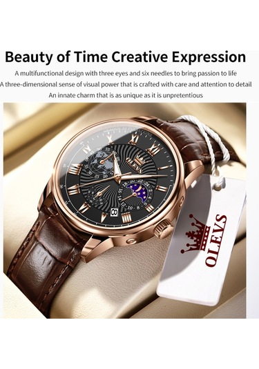 Olevs 2893 Erkekler Çok Fonksiyonlu İş Kuvars Saati Kahverengi + Siyah