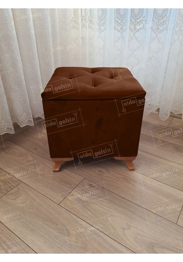 Lüks Sandıklı Tabure Puf 45 X 45 Cm Ceviz Ayak Kahve