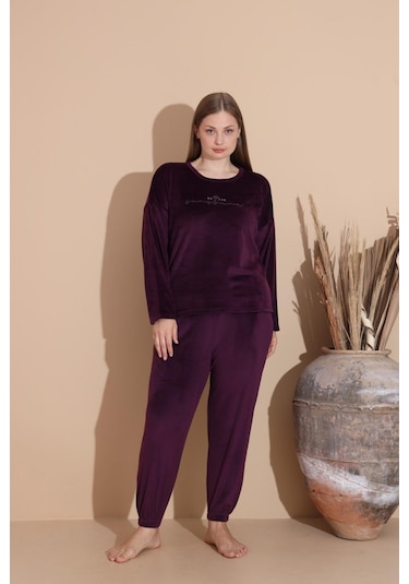 Boyraz Kadın Kışlık Fransız Kadife Büyük Beden Bisiklet Yaka Uzun Kol Pijama Takımı 03143 - 1 Adet Mor