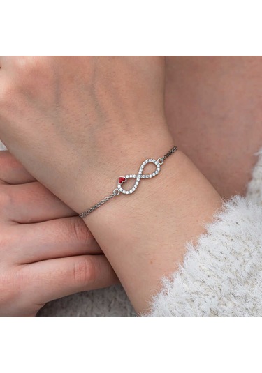 Artsmagazinmücevher Gümüş Sonsuzluk Kırmızı Kalpli Kadın Bileklik