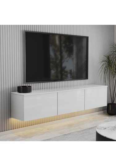 T0020 Alston Duvara Monte Tv Ünitesi Led Işıklı, Modern Tasarım, 160 Cm - Parlak Beyaz Parlak Beyaz
