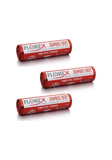 Florex Tıbbi Atık Çöp Poşeti Jumbo Baskılı Kırmızı 10 Yaprak 3 Rulo 80 x 110 CM