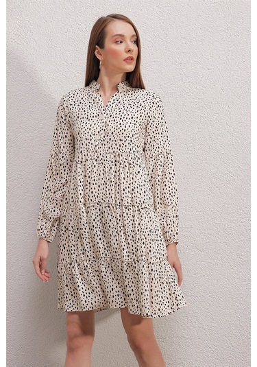 Gabria Kadın Gabria Desen Yarım Düğmeli Kısa Elbise Bej