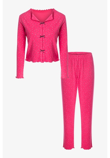 Kadın Pamuklu Çıtır Çiçek Desenli Baby Overloklu Fiyonk Detaylı Uzun Kollu Pijama Takımı Çok Renkli