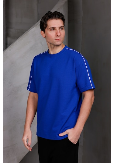 Erkek Şeritli Oversize Bisiklet Yaka 2 İki İplik Kompakt T-shirt Saks