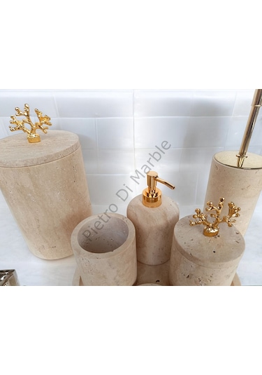 Sarı Traverten Klasik Model 7 Parça Gold Renk Mercan Aksesuarlı Banyo Seti Sarı Traverten