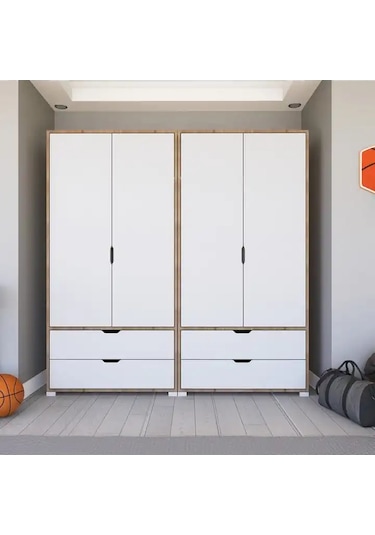Nisan Açık Ceviz-beyaz 4 Kapılı 4 Çekmeceli Elbise Dolabı - Gardırop Seti Açık Ceviz & Beyaz