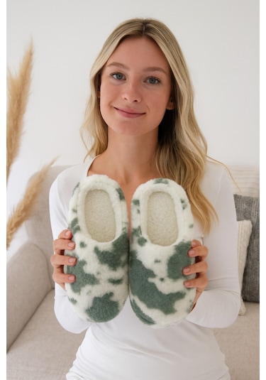 Puffy Kadın Ev Terliği Kışlık Terlik Kauçuk Ses Yapmaz Taban Yeşil