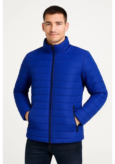 Erkek Bomber Mont Ceket Su İtici Kumaş, Kapitone Astarlı, Fermuarlı, Kışlık - Saks Mavisi Saks Mavisi