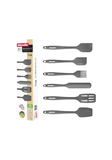 Silikon Mutfak Seti 6 Lı, Isıya Dayanıklı Yanmaz Yapışmaz Silikon Spatula Seti 6 Parça Gri Gri