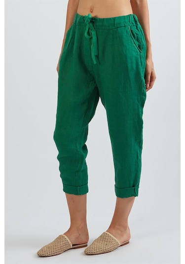 Bohem Stil Kadın Keten Havuç Pantolon-8603 Yeşil