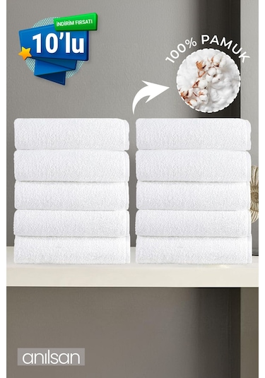 10'lu Beyaz El Havlusu - 50x90 Cm, 225 Gr, %100 Pamuk, Spa Ve Otel Havlusu, Günlük Kullanıma Uygun Beyaz