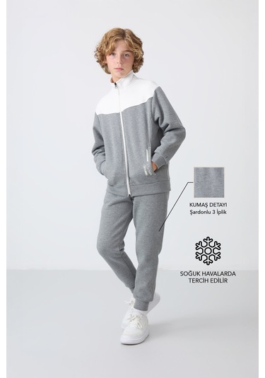 Tommy Life Gri Melanj Pamuklu Kalın İçi Tüylü Yumuşak Dokulu Standart Fit Nakışlı Erkek Çocuk Eşofman Takım - Gri Melanj