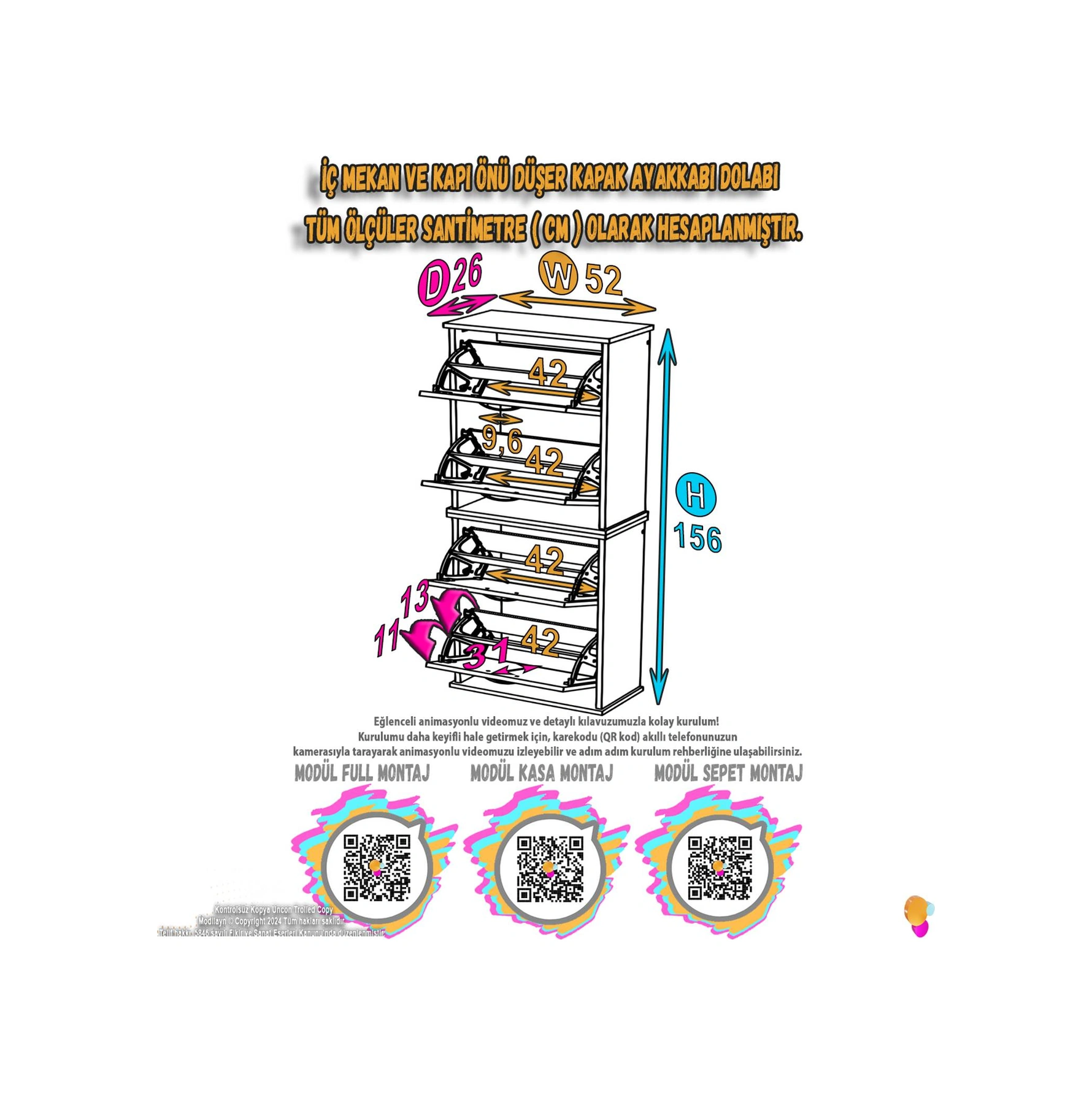 Asaf 2 Li Meşe Renk Asma Ayakkabılık Antre 4 Düşer Kapak 8 Göz Bölme Ayakkabılık 52x148x25,5 Cm Meşe