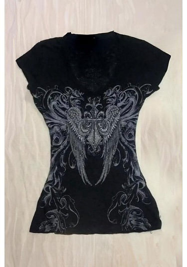 Siyah Vintage Gotik Wing Kısa Y2k Kollu Crop-18406 Siyah