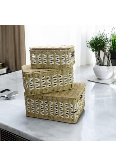 T.concept Dekoratif Dayanıklı Hasır Kapaklı Çok Amaçlı Dikdörtgen Sepet Küçük Boy S
