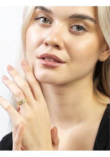 Zincir Tasarım Gold Renk Free Size 925 Ayar Gümüş Kadın Yüzük Sarı