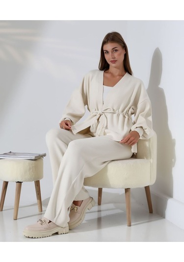 Kuşak Detaylı İkili Triko Takım Taş