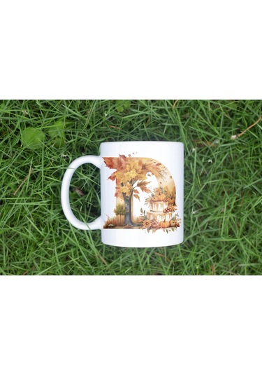 D Harf Sonbahar Yaprak Temalı Kupa Bardak - Sevimli Figürler İle Alfabe Harfli Bardak - Kişiye Özel Beyaz