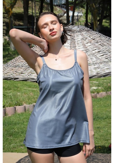 2k Moda Çizgi Kadın Şortlu Tankini Elbise Mayo Gri 36001 001