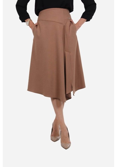 Kadın Flanel Kumaş Yırtmaçlı Etek Frn4051 CAMEL