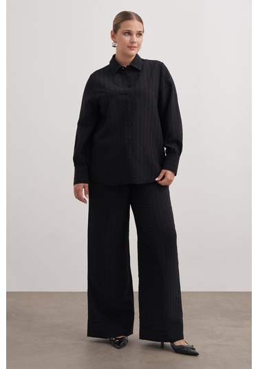 Sırtı Fiyonklu Çizgili Gömlek-6212 Siyah