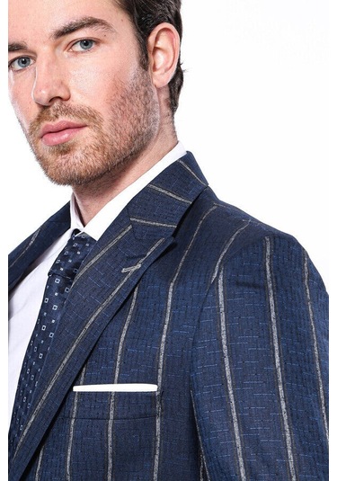 Wessi Çizgili Açık Slim Fit Lacivert Erkek Ceket Siyah