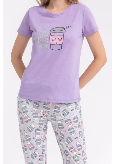 Arnetta Eat Sleep Coffee Repeat Lila Kadın Pijama Takımı 5274-28927 Lila