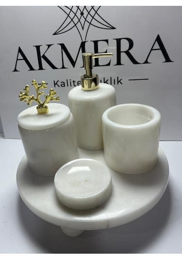 Mermer Top Ayaklı Standlı 5 Parça Lüks Banyo Seti Altın - Beyaz