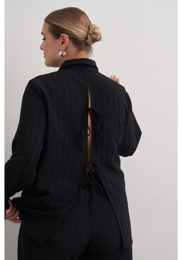 Sırtı Fiyonklu Çizgili Gömlek-6212 Siyah