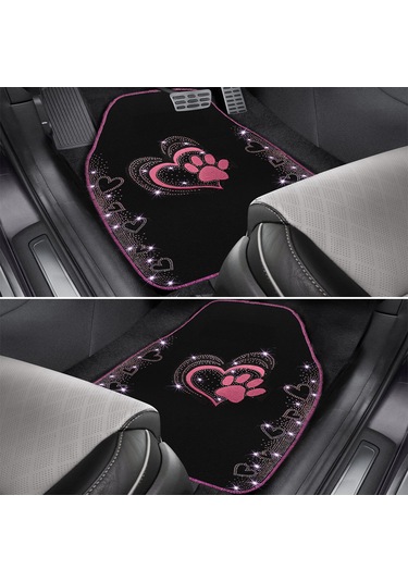 Kadınlara Özel Nakış İşlemeli Taşlı Kalp Ve Köpek Pati Desenli Oto Paspas Seti Şık Ve Dayanıklı
