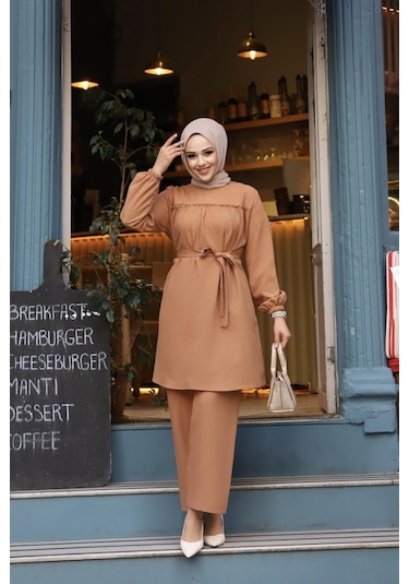 Fırfır Detaylı Tesettür Camel Takım Camel