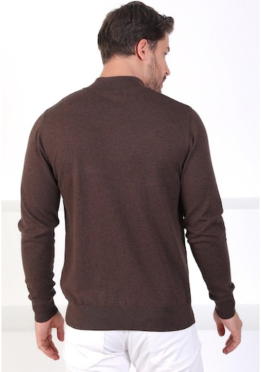 Ferraro Kahve Dik Yaka Düz Renk Pamuk Erkek Kazak Kahverengi