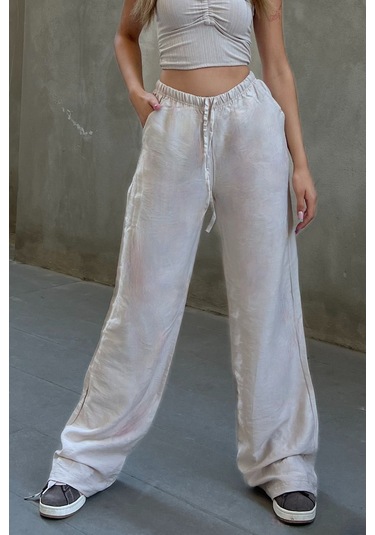 Pembe Keten Karışımlı Bol Kesim Pantolon Bej