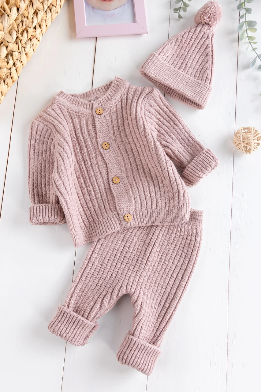 Babymod Triko Hırkalı Bereli Unisex Kışlık Şapkalı Bebek Takım Gülkurusu