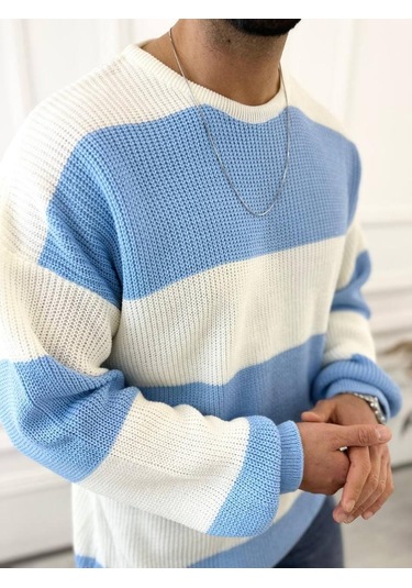 Kazak Oversize Tüylenmez Naturel Pamuk Örme Triko Kazak Mavi