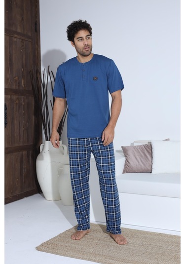 Erkek 70034 Kısa Kol Yaka Düğmeli Pijama Takımı Mavi Mavi