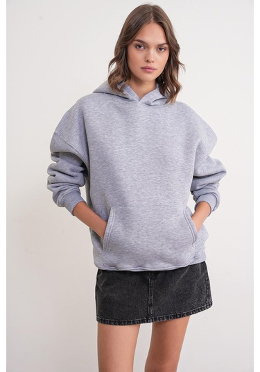 2022 Unisex 3iplik Basic Polarlı Kapüşonlu Sweatshirt Hoodie Gri Gri