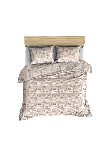 Maki Pamuk Geyik Orman Temalı 240x220 Cm Battal Boy Nevresim Seti Pembe