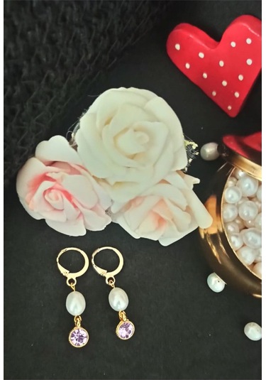 24k Altın Kaplama Gerçek İnci Zirkon Taşlı Lila Mor Tasarım Küpe Gold